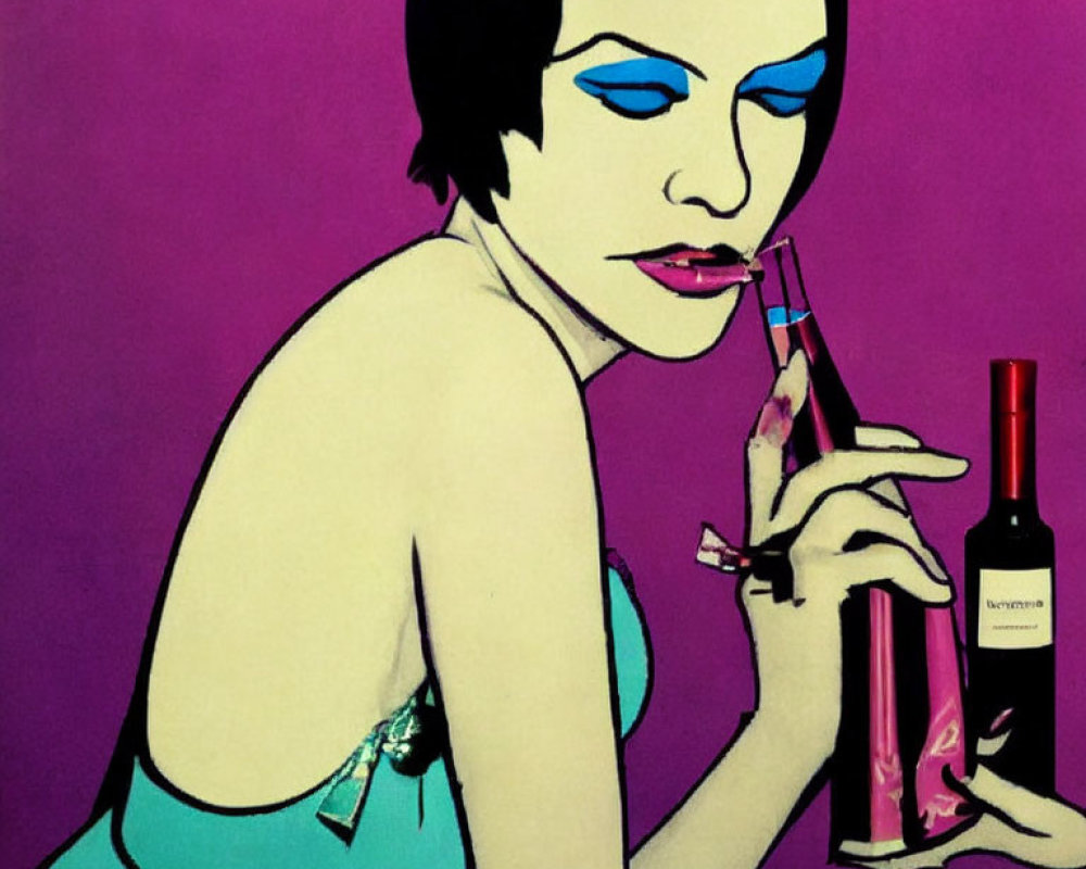 Pop Art Portrait Featuring Person with Blue Eyeshadow, Cigarette, and Wine Bottle