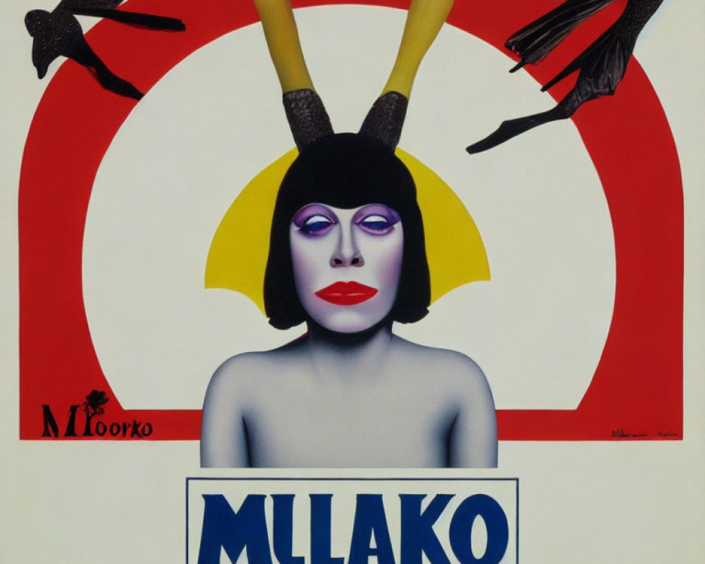 Abstract surreal poster featuring stylized woman's face, red and white target backdrop, black horns, yellow