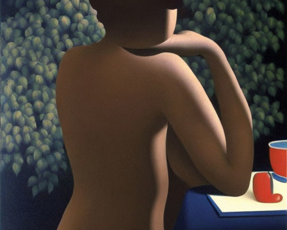 Stylized painting of nude woman's back against floral wall with red cup on table