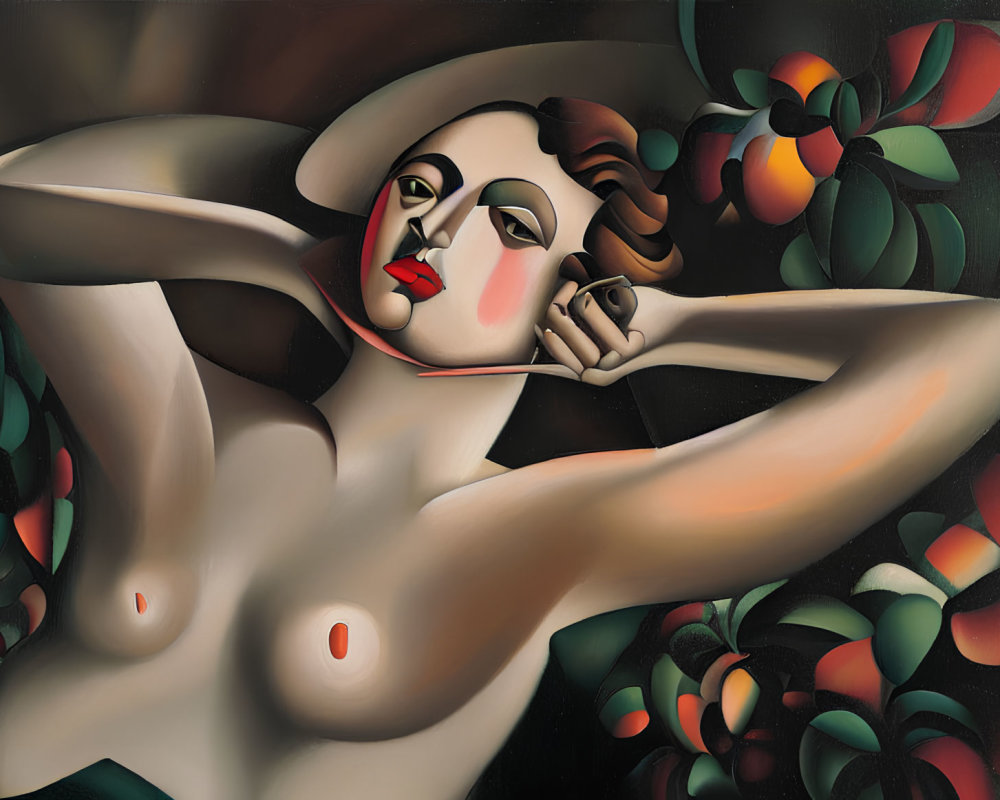 Stylized painting of reclining woman with red lips and arched eyebrows surrounded by dark leaves and