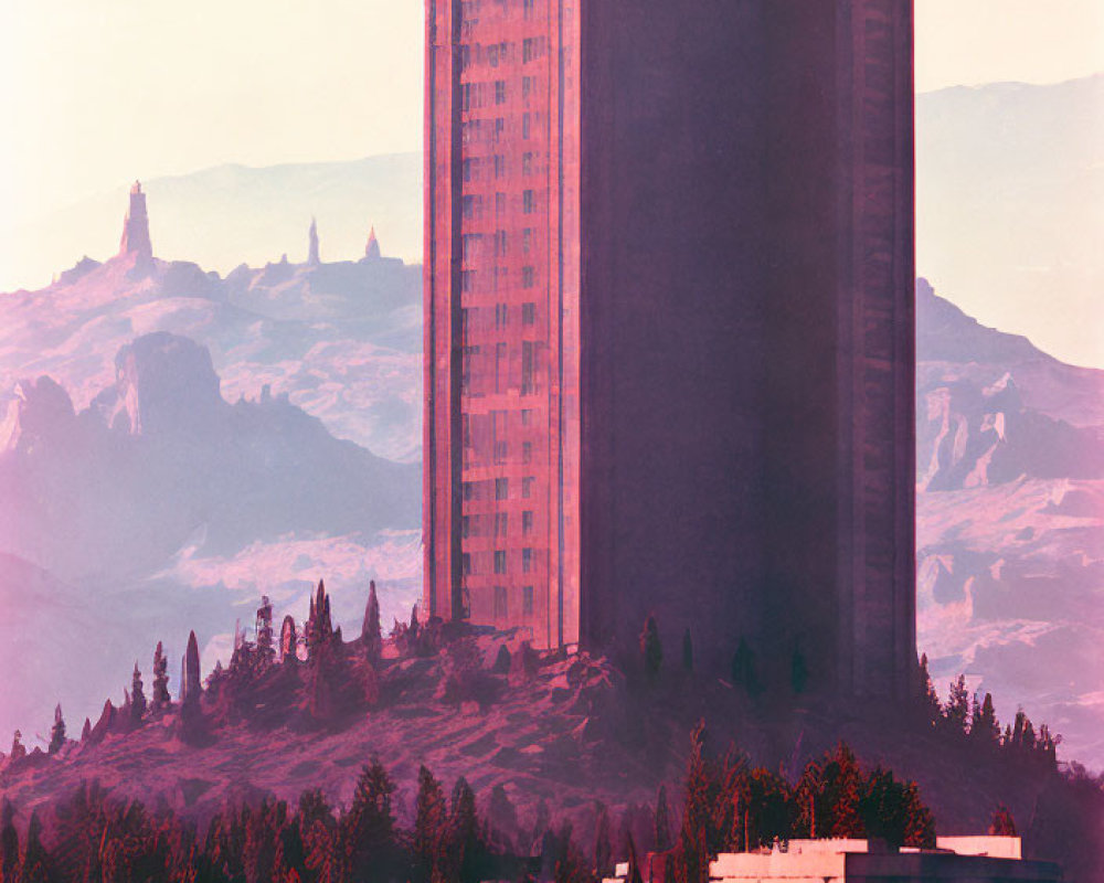 Futuristic skyscraper in forested landscape with mountains against pink sky