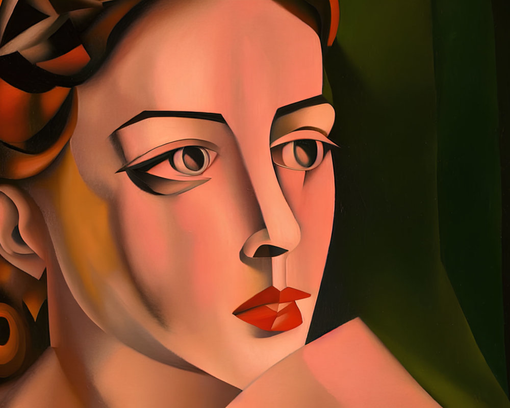 Stylized woman with red lips in close-up painting portrait