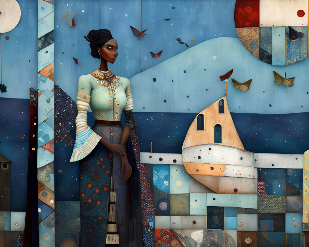 Digital artwork: Two women in elegant attire amid abstract buildings under celestial-themed sky.