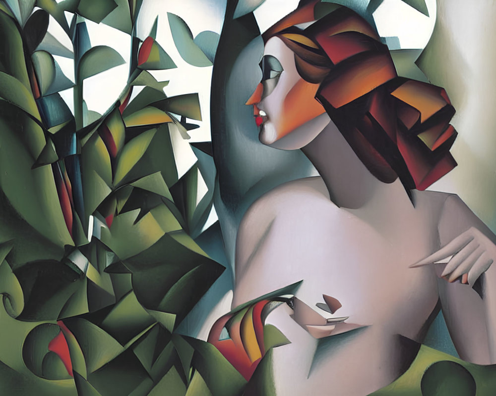 Cubist-style painting of a woman with vibrant green foliage