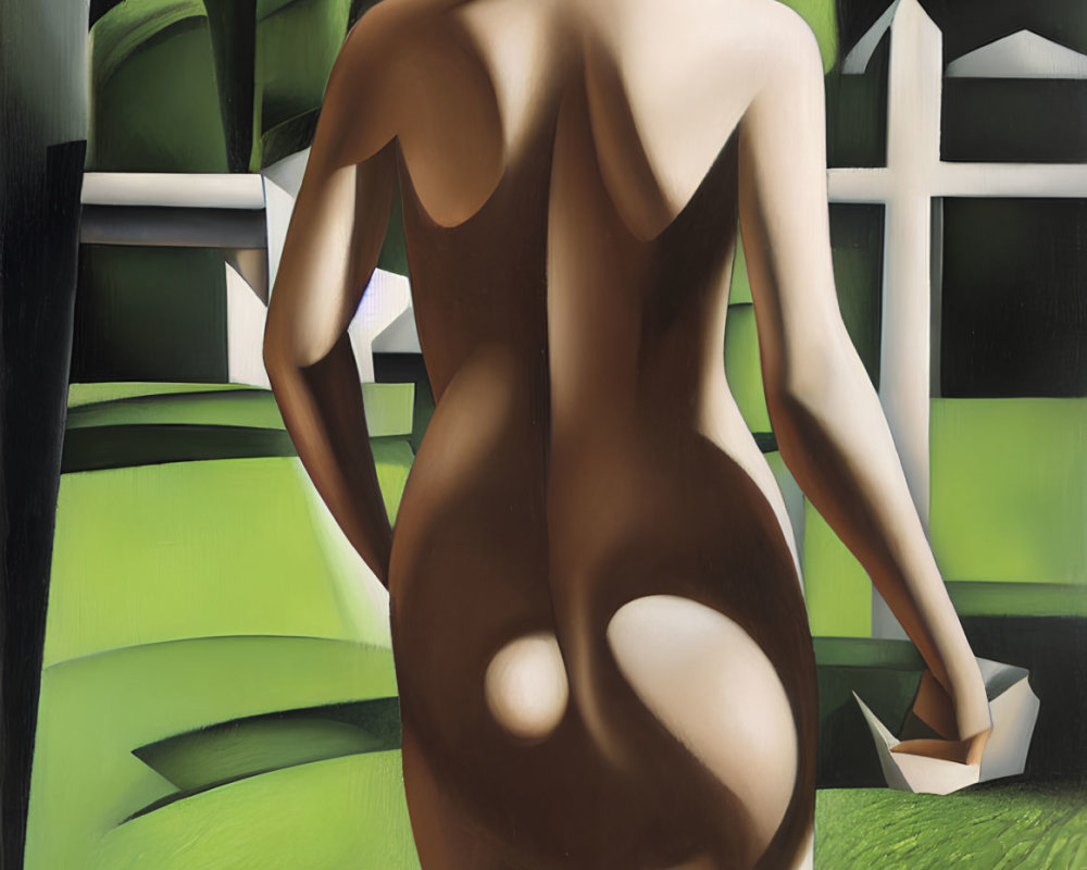 Stylized painting of woman's back on abstract green and white background