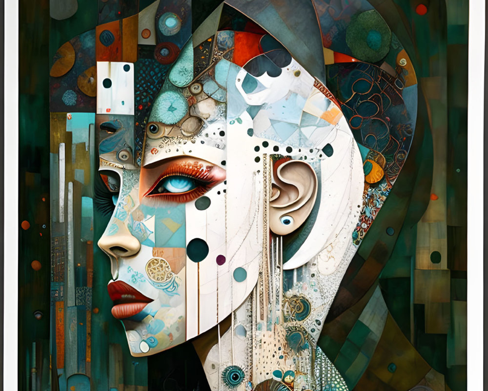 Abstract digital art: Human face with mechanical and geometric motifs