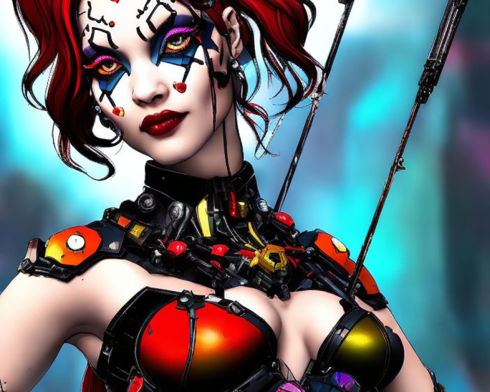 Stylized female character with red and black hair and futuristic armor