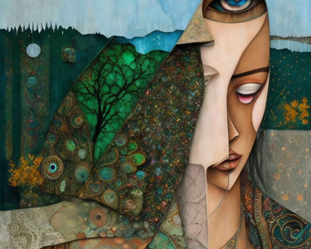 Surreal portrait of woman with overlapping faces and peacock feather motif