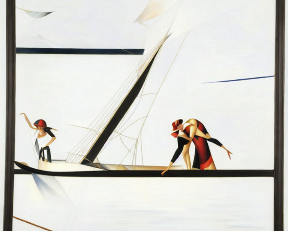 Surrealist painting of two figures rowing on flat water