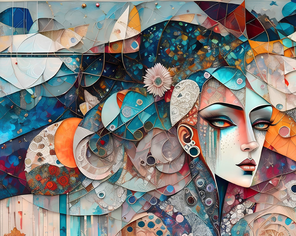 Abstract geometric artwork with stylized female portrait and vibrant colors