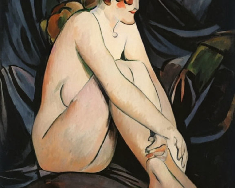 Nude Woman with Auburn Hair and Green Headband Painting
