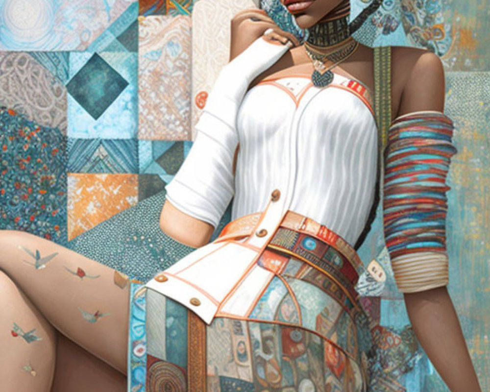 Stylized digital artwork of woman with dreadlocks and patchwork clothes