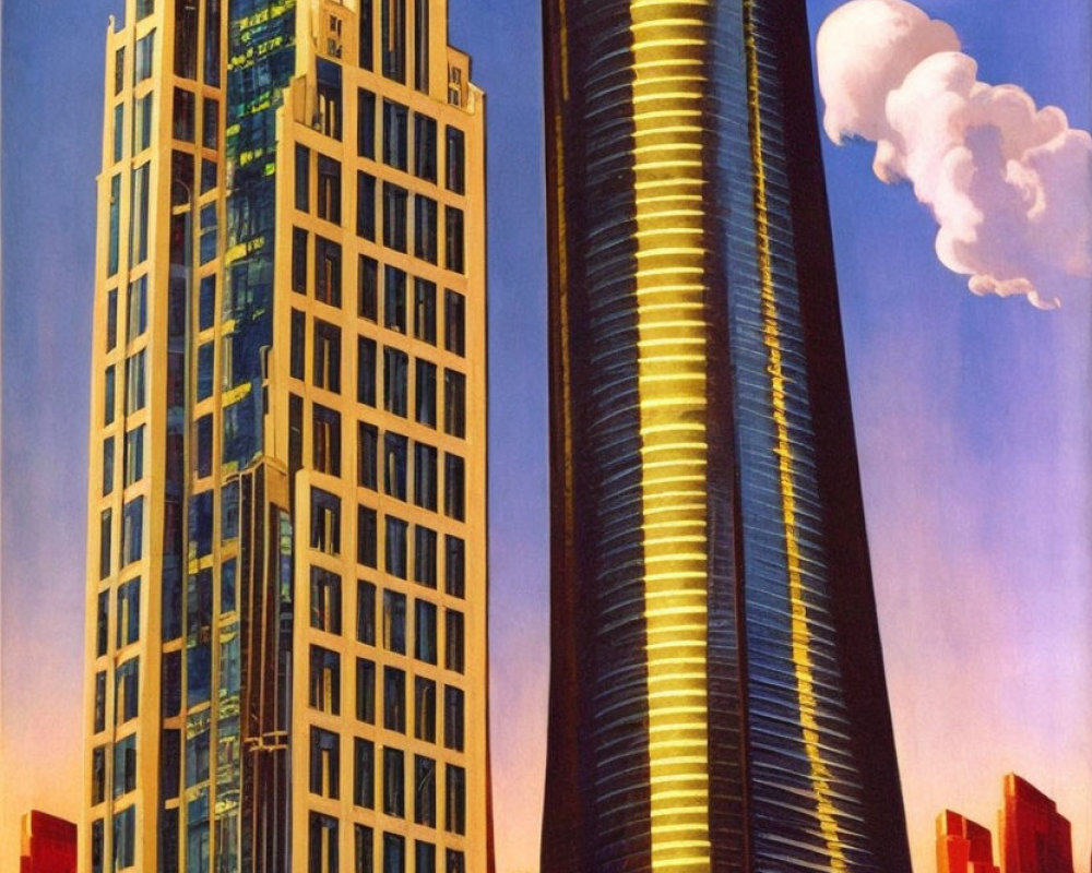 Futuristic skyscrapers in twilight with classic and cylindrical designs