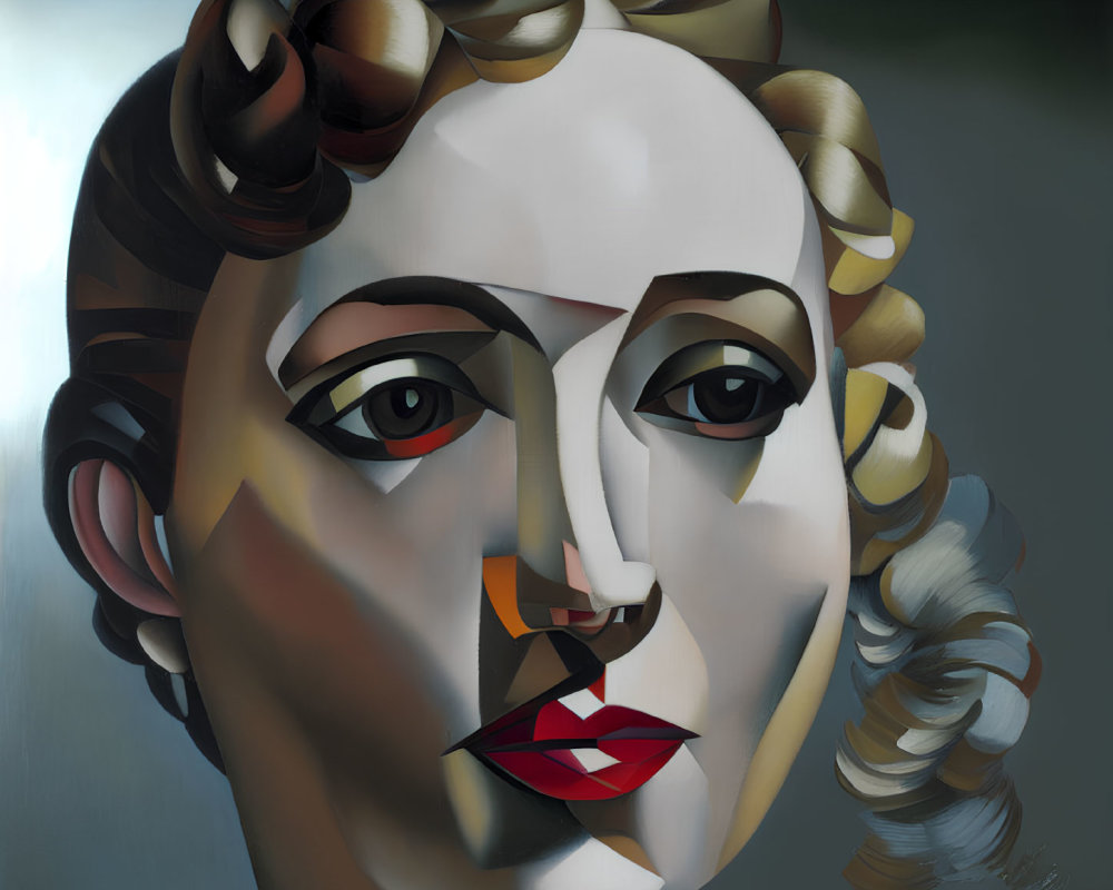 Geometric cubist portrait of a woman with blonde curls