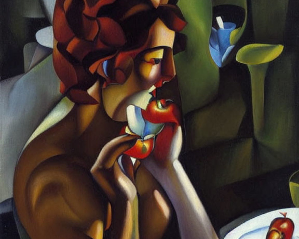 Stylized painting of woman with fruit at table in sharp contrasts