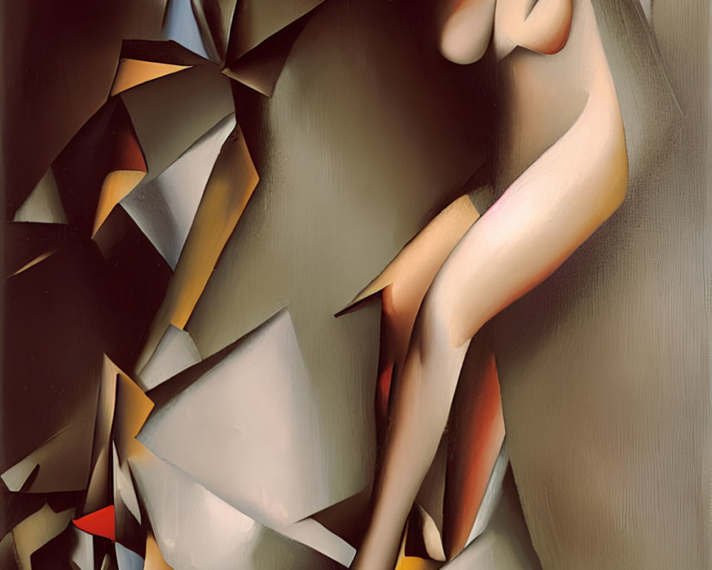 Fragmented Geometric Shapes and Stylized Human Figure in Warm Tones