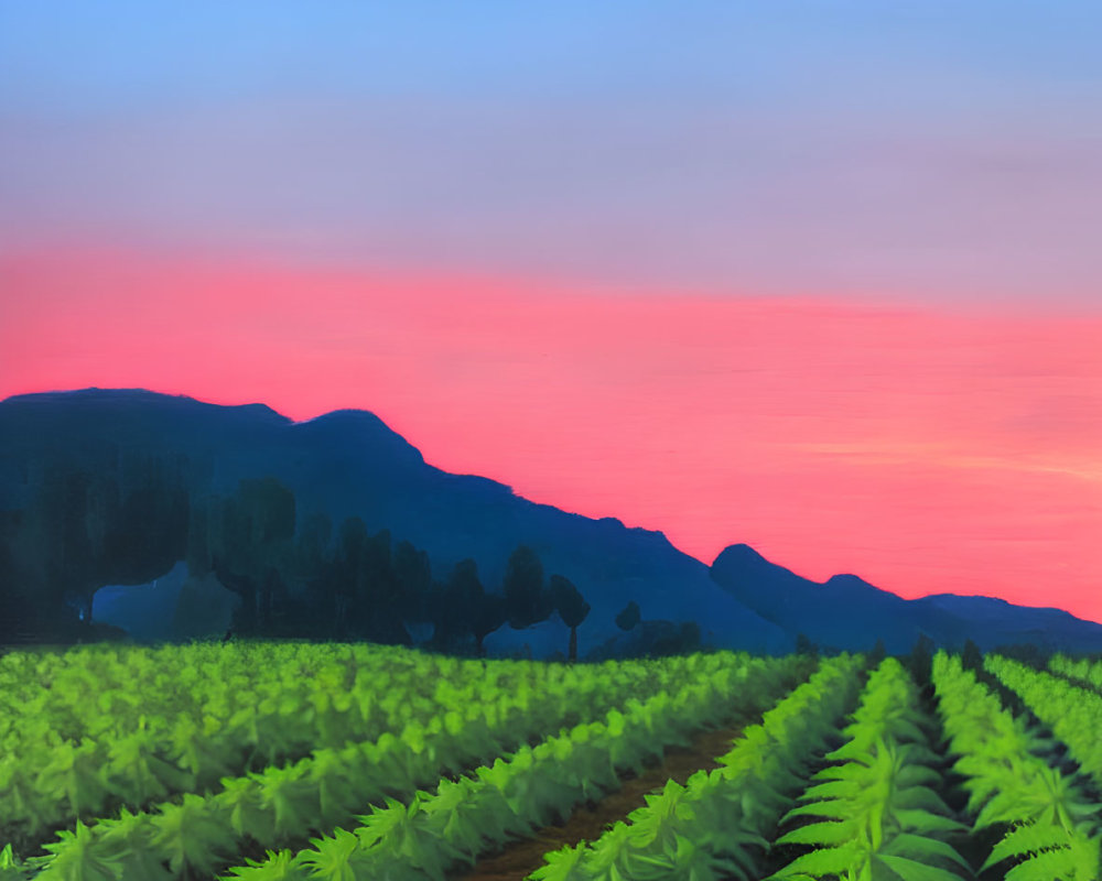 Colorful digital illustration of cannabis farm at dusk with vibrant sunset over hills