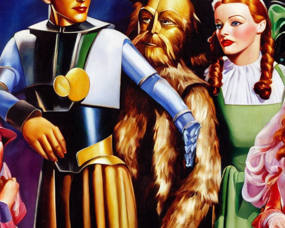 Vibrant illustration of Tin Man, Cowardly Lion, and Dorothy in iconic costumes