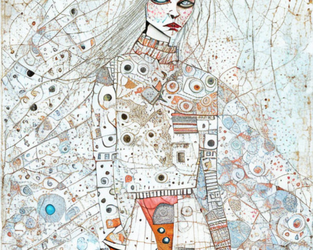 Detailed illustration of humanoid figure with patterned skin in surreal setting