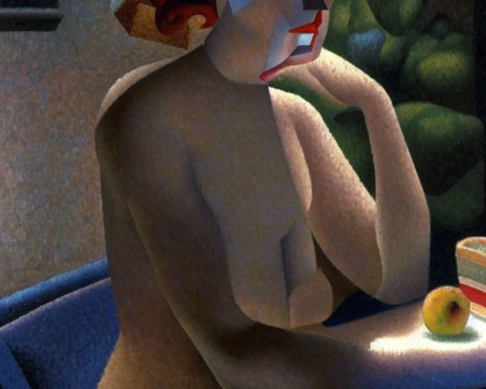 Cubist Nude Figure with Fruit on Table in Geometric Style