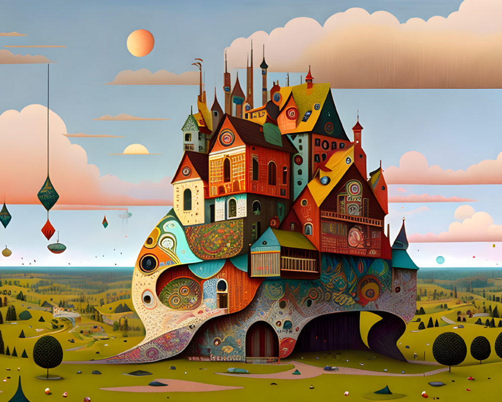 Colorful Whimsical Landscape with Oversized Fantastical House