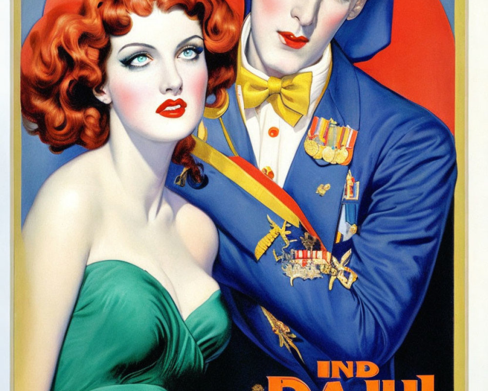 Vintage Poster: Red-Haired Woman & Military Man in Green Dress & Uniform