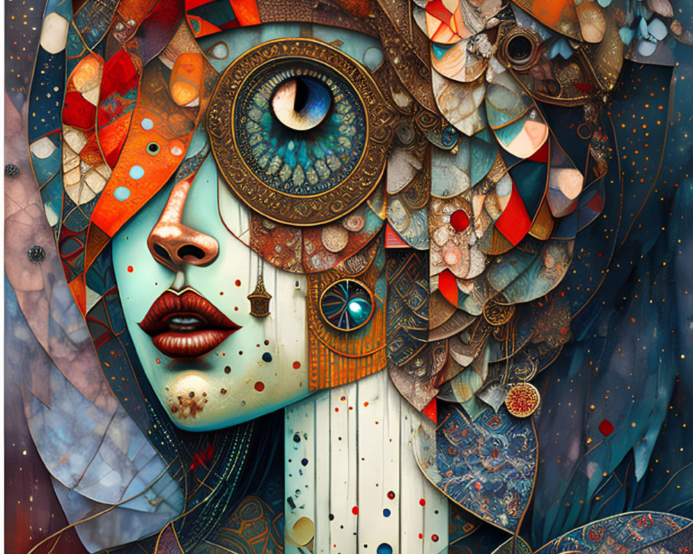 Vibrant surreal digital artwork of a detailed face with intricate patterns and textures