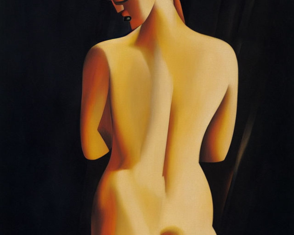 Stylized nude figure in elongated form against dark backdrop