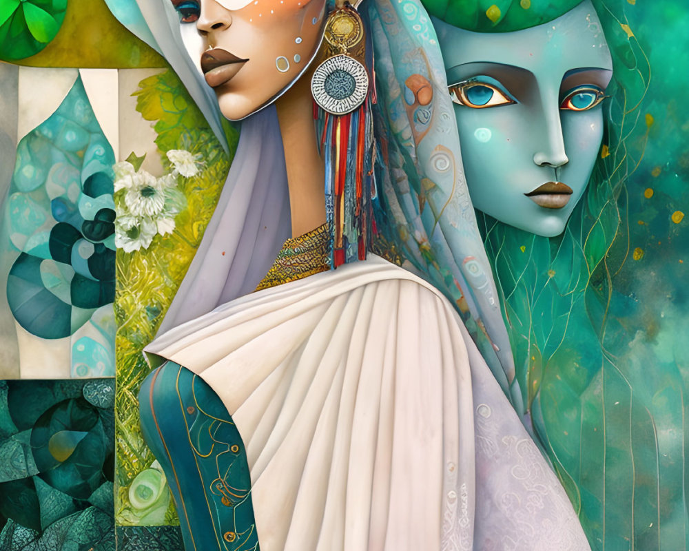 Stylized female figures with ornate jewelry against vibrant mosaic background