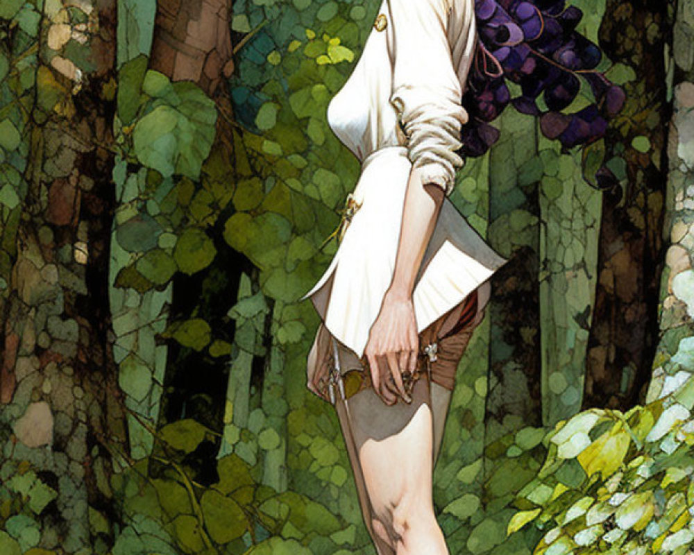 Illustration of woman with grape-like hair in forest wearing cream outfit