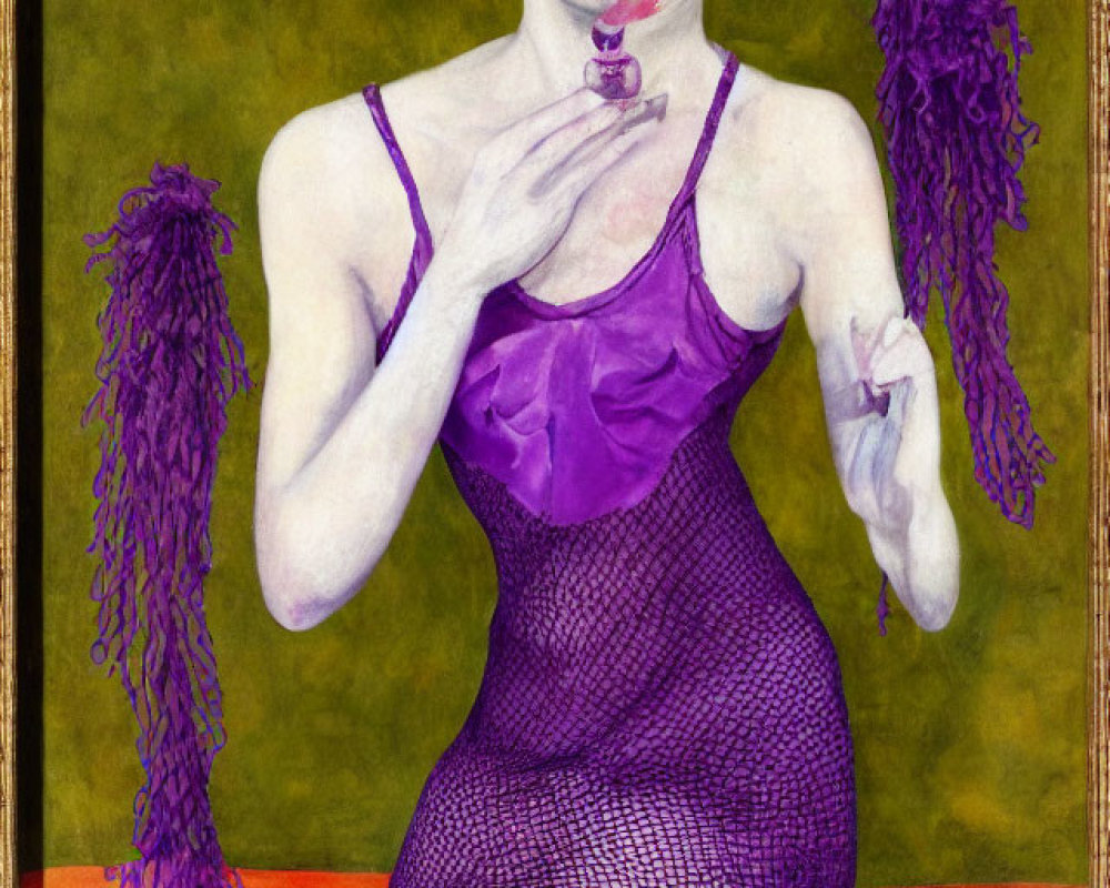 Seated figure in purple dress with fishnet details applying lipstick