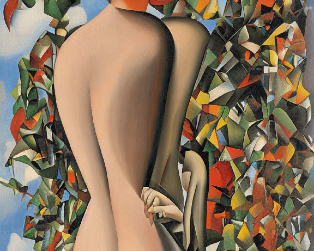 Cubist-style painting of female figure in colorful mosaic landscape