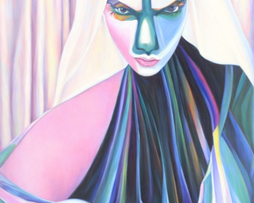 Vibrant painting of stylized female figure in flowing multicolored garments