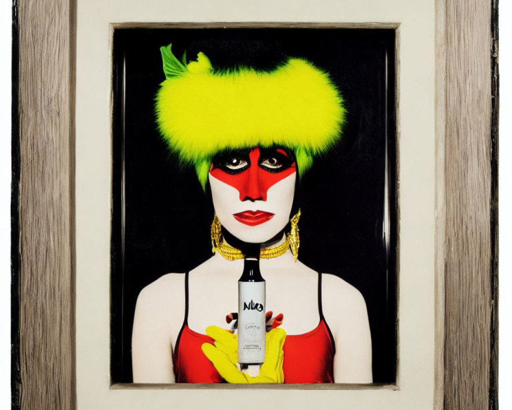 Woman with dramatic makeup and yellow fur hat in wooden frame.