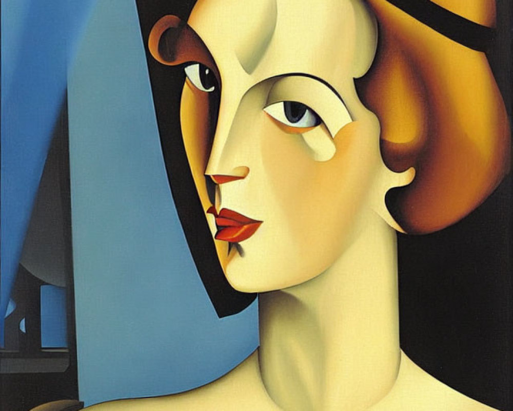 Stylized painting of woman in brown hat on blue and black background