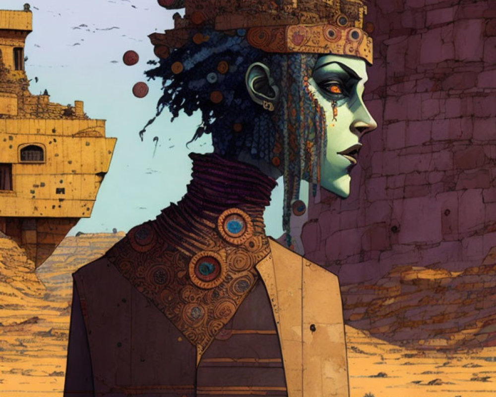 Surreal illustration of person with fragmented castle head in desert