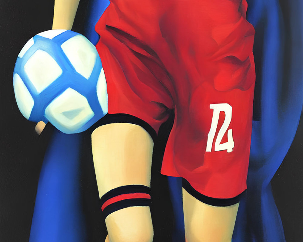 Close-up of person in red soccer kit with number 12 holding blue and white ball on dark background