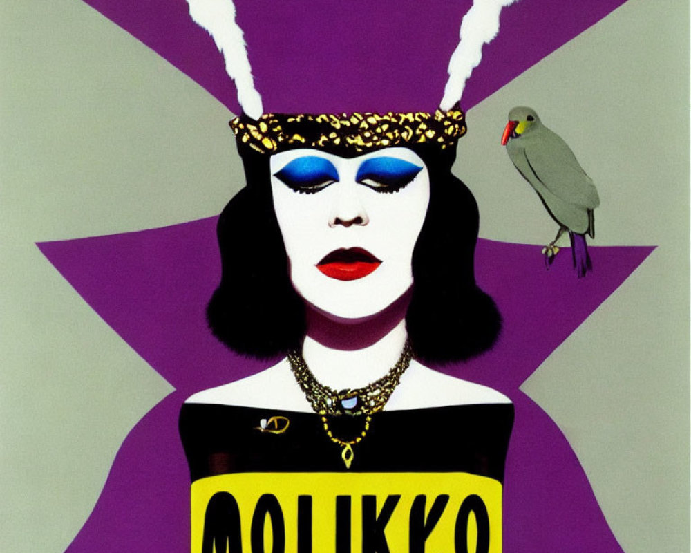 Illustration of woman with bunny ears, mask, parrot on shoulder, purple starburst background.