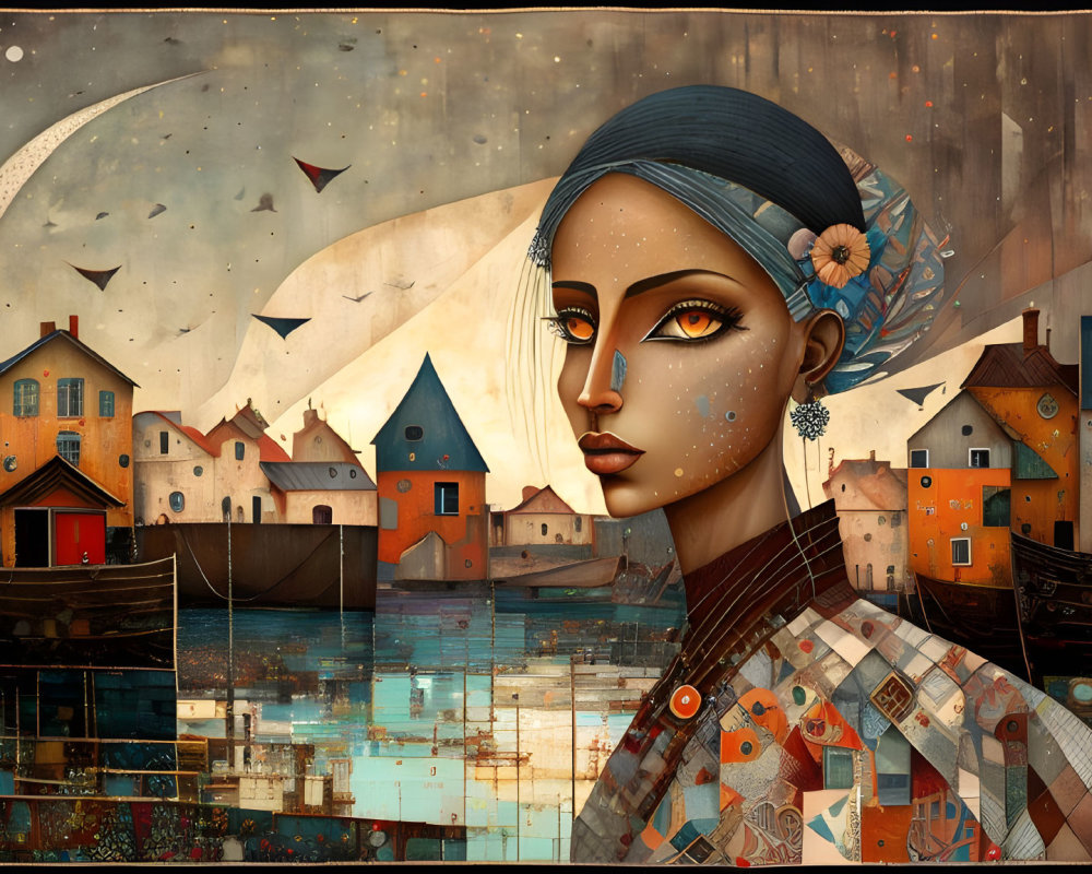 Surreal artwork: Woman's face overlaid on coastal town with stylized houses, boats,