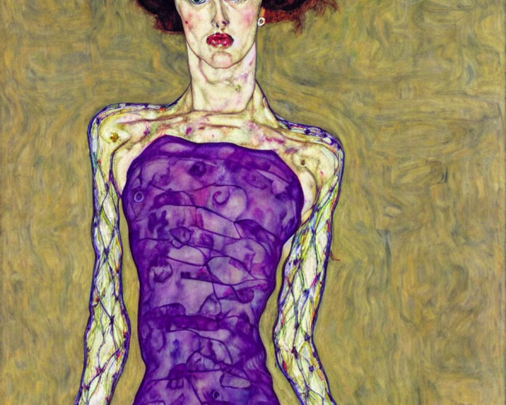 Abstract Expressionist Painting of Woman in Purple Dress