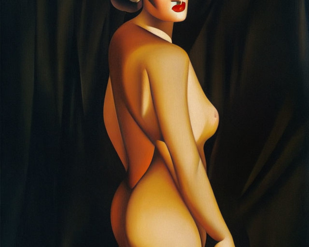 Stylized nude female figure with twist pose and hat on dark backdrop