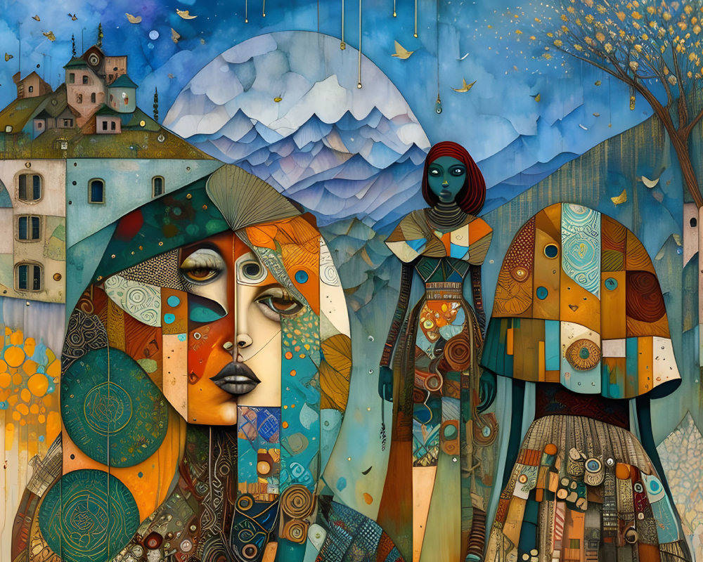 Surreal illustration of two stylized female figures in a fantastical town