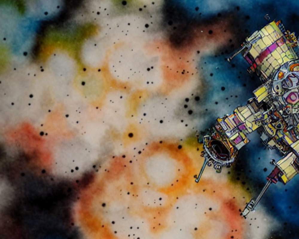 Colorful Celestial Scene with Space Station and Stars in Watercolor