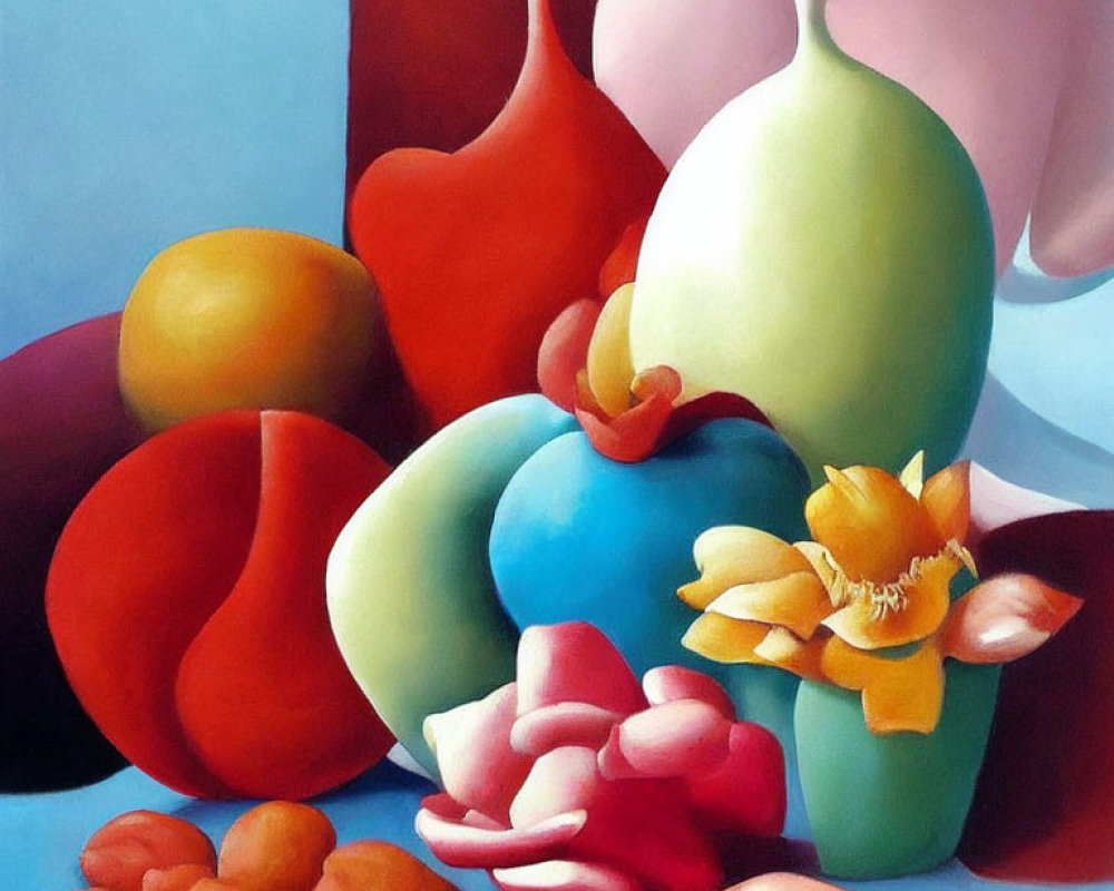 Vibrant still life painting with abstract shapes and flowers in warm and cool tones