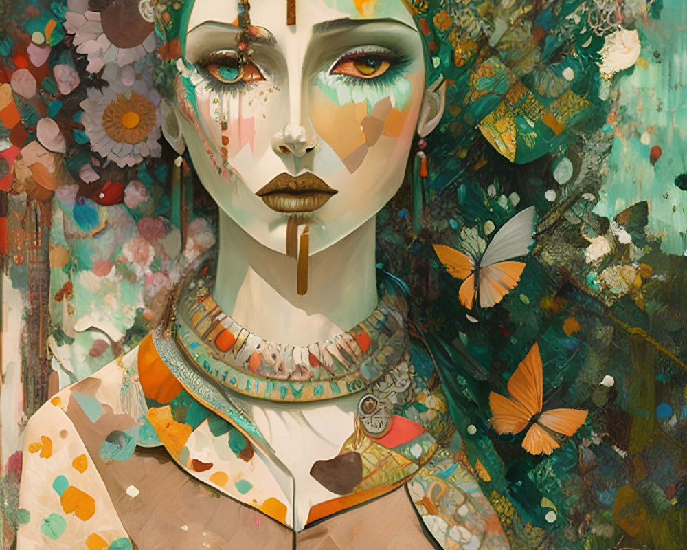 Colorful surreal portrait of a woman with ornate jewelry and floral motifs