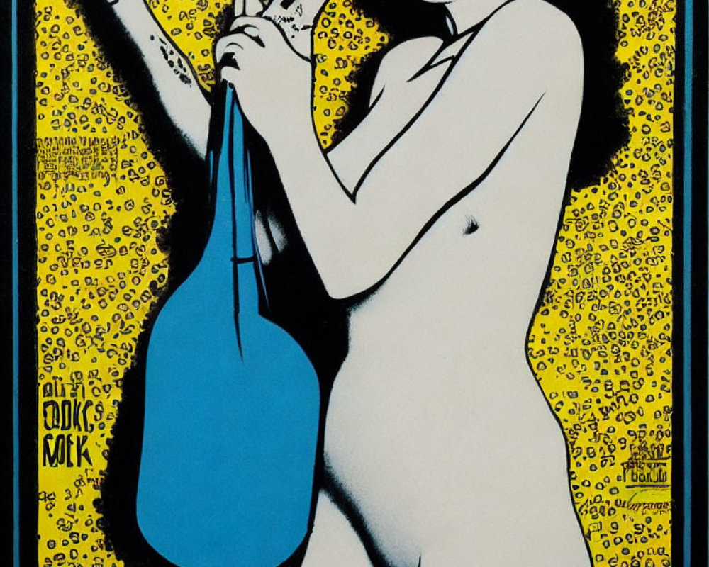 Stylized nude female figure playing cello on yellow background with text.