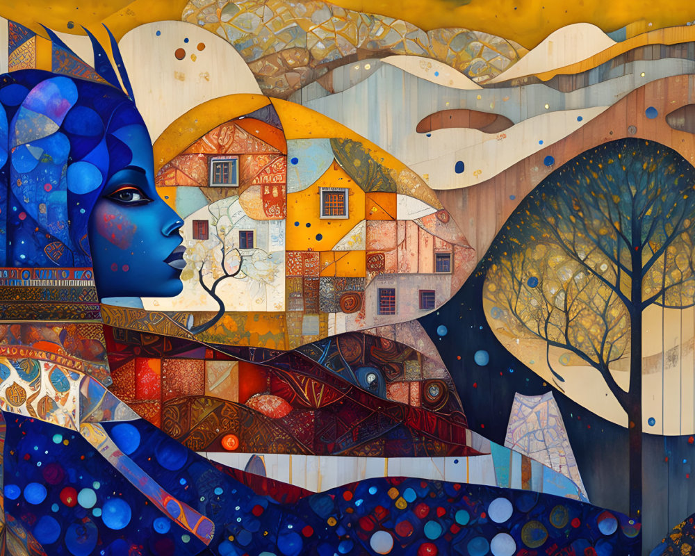 Colorful Abstract Art: Blue Female Figure in Vibrant Landscape