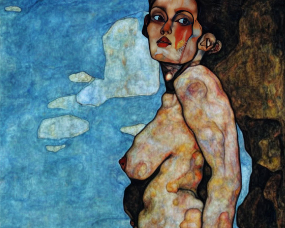 Intense gaze woman merges with abstract blue-brown rocky background