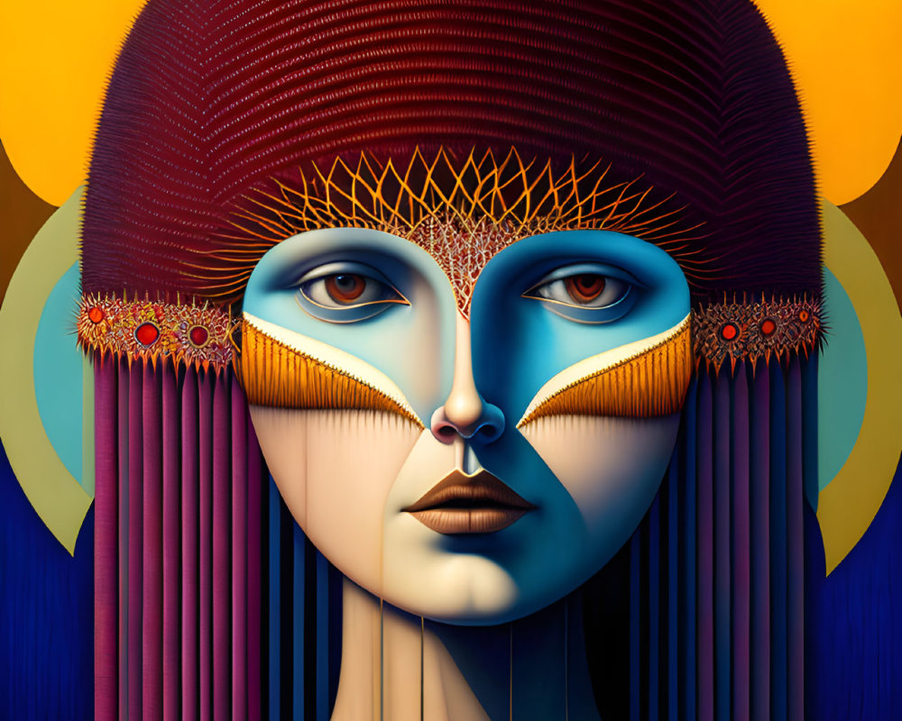 Stylized portrait featuring figure with blue skin and intricate golden headgear