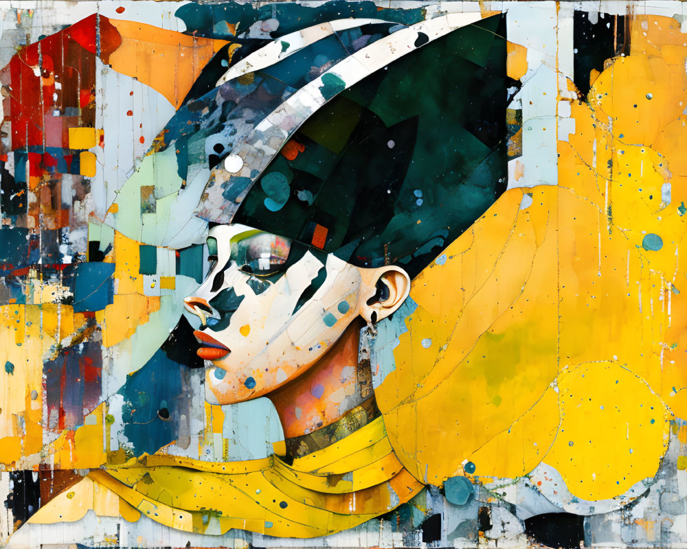 Abstract portrait with disjointed features in vibrant colors on graffiti-style background